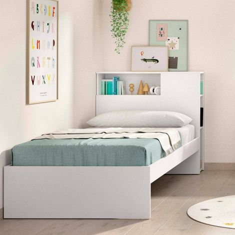 Dmora - Cama individualCrispina, Sommier para dormitorio, Estructura de cama por habitación, Estructura del sostenedor del colchón, 99x218 h96 cm, Blanco (1/5)