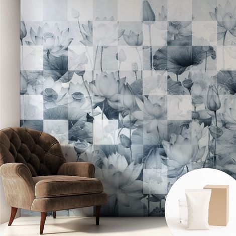 Papier peint intissé mural avec colle pour salon et chambre Décoration murale rapide - Colle incluse gratuite Fleurs de lotus 250x250 cm (1/5)