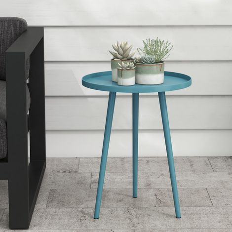 Table basse de jardin ronde. table d'appoint extérieur avec bord rond en acier. dim. Ø40 x 50H cm bleu (1/5)