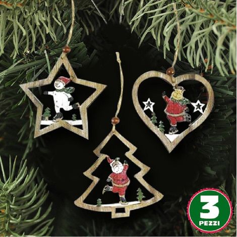 TrAdE Shop Traesio - 3pz Appendini Natale In Legno Forma Stella Albero Cuore Con Personaggio 10,5cm - (1/2)