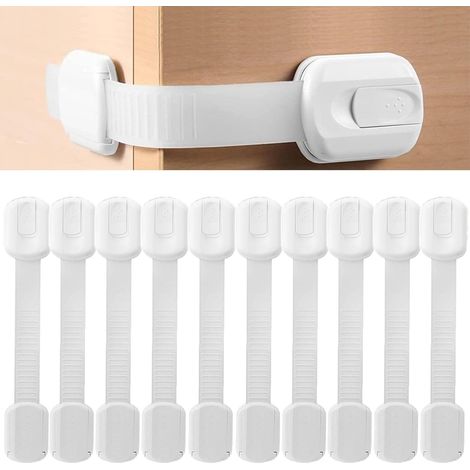 A set of 10 adjustable baby locker safety locks - self-adhesive lockers with glue, white.