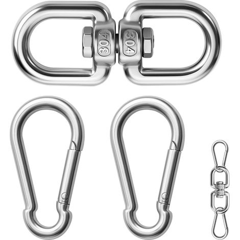 Émerillon en acier inoxydable M8 avec 2 mousquetons - Grand modèle - En acier inoxydable 304 - Pour chaise suspendue, sac de frappe, barbecue pivotant, balançoire d'arbre, soie aérienne (1/5)