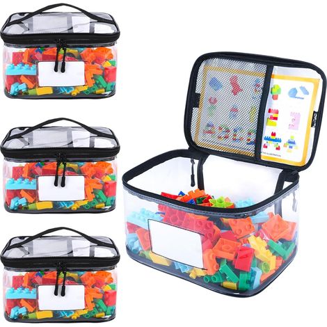 Lot de 4 sacs de rangement pour jouets, sacs Mylar refermables pour Legos, puzzles, jeux de société. (Noir, 24 x 17,5 x 14,5 cm)