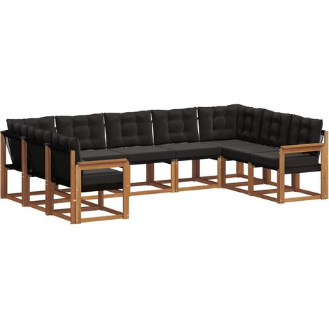 Outdoor Sofa Set 9 pcs Natural and Black Solid Acacia Wood vidaXL