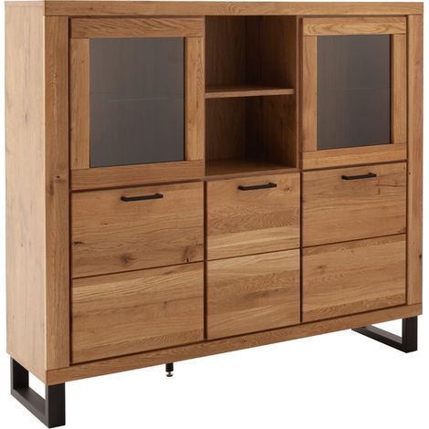 Vaisselier vitrine 6 portes dont 2 portes vitrées coloris chêne massif huilé - Longueur 159 × Profondeur 40 × Hauteur 140 cm (1/5)