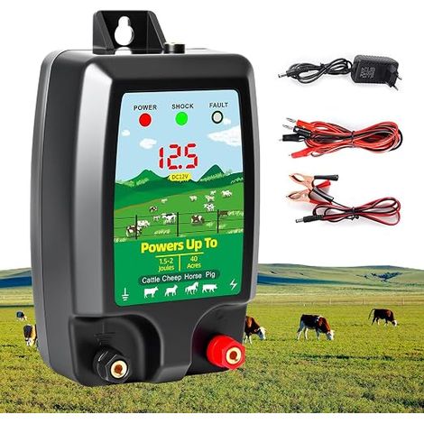 Dispositif de clôture électrique 12 V avec affichage LED portée 15 km, 2 Joules, 12 kV, pour la protection des animaux de ferme, de la volaille, des pâturages et des jardins (1/5)