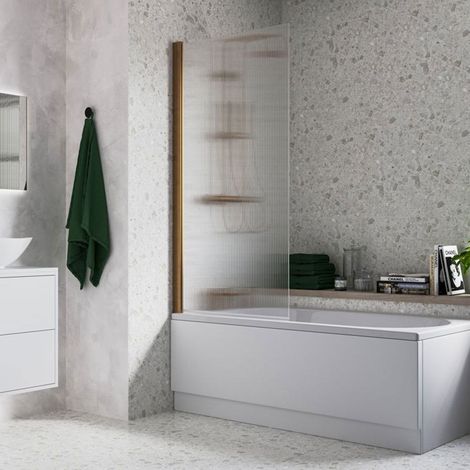 Signature Fluted Single Brushed Bronze Square Hinged Bath Screen 1500mm High x 800mm Wide - 5mm Glass (1/2)