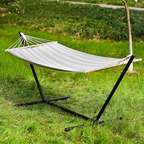 Outdoor leisure hammock with metal frame - Height adjustable - Nautical style - Red and white stripes - For outdoor use, garden, patio - White (1/5)