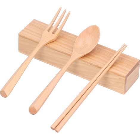 Juego de cubiertos de madera de 4 piezas, con caja de almacenamiento y mango antideslizante, ideal para el hogar y los viajes. (1/5)