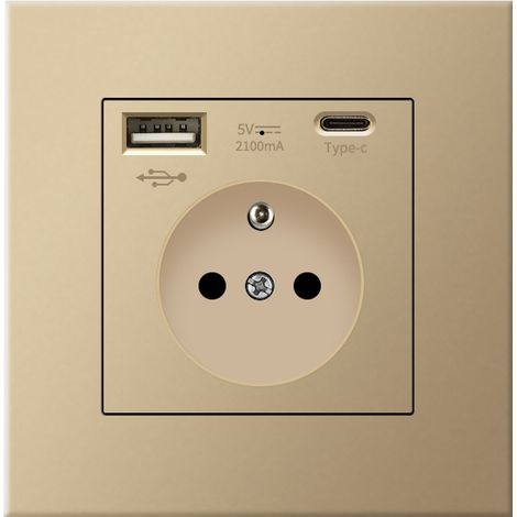 Prise Doré avec USB et Type C, 5V - 2,1A, Prise d'alimentation USB intégrée standard UE, multiprise Murale, 110-250V (française) (1/5)