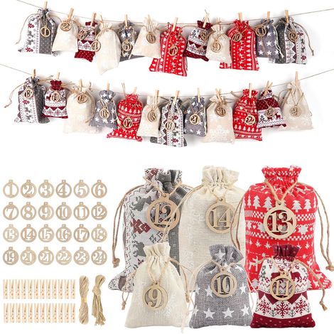 Leerer Adventskalender zum Befüllen bis 2024, Stoffbeutel für Kinder, zweidimensionale, nummerierte Beutel, wiederverwendbare Geschenktüte für Weihnachtsgeschenke (1/5)