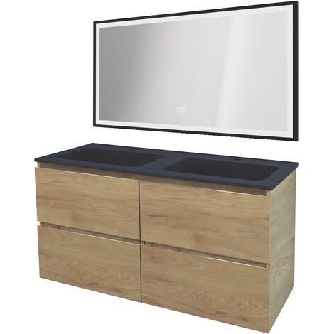 ONDEE ZEN - Meuble salle de bain TRENDY - 120 cm - Bois - 4 Tiroirs - Plan noir + miroir SELENA (1/3)