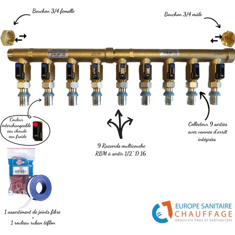Collecteur 9 sorties avec vannes intégrées – Raccords multicouche en laiton nickelé – Entraxe 50 mm – Pression max 10 bars – Température max +95°C