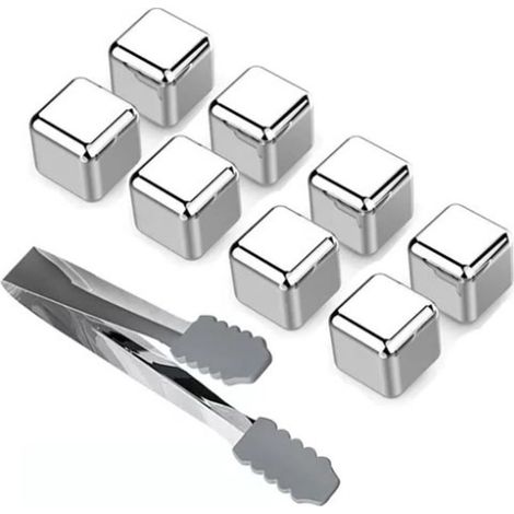 8 Cubes Métalliques Réutilisables en Acier Inoxydable 304 avec Pince à Glace pour Refroidir Whisky et Boissons sans Dilution (1/5)