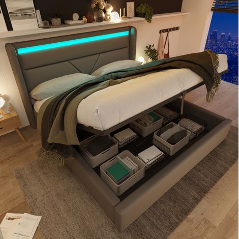 Cama con arcón hidráulico 160x200 cm en PU gris con LED y mando, REDOM (1/5)
