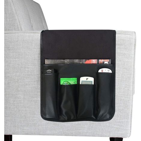 Organisateur de rangement en cuir pour accoudoir de canapé et fauteuil - Vide-poches pour télécommandes, téléphones, livres et magazines (1/5)
