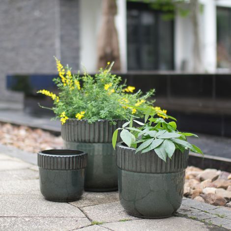 Set di 3 vasi da fiori in ceramica 38/30,5/23 cm verde scuro con drenaggio - MEUBLIV (1/5)