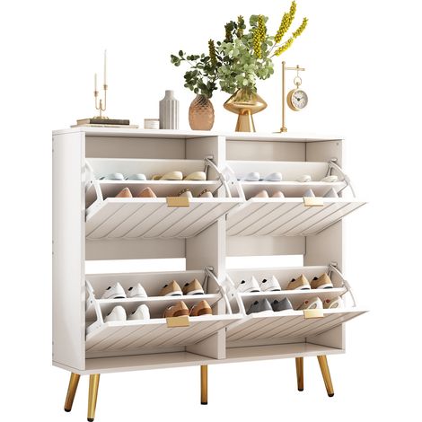 CHICFURN Meuble à chaussures étroit à 4 abattants, design moderne à fronts ondulés, rangement modulable, anti-basculement, blanc, pour l'entrée et le couloir (1/5)