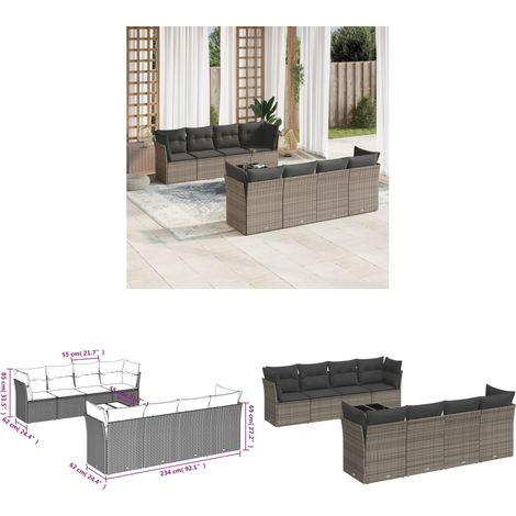 9-tlg. Garten-Sofagarnitur mit Kissen Grau Poly Rattan - Gartenmöbel Set - PE-Rattan Möbel - Outdoor Sofa - Esstisch - Lounge Set - Home & Living (1/3)