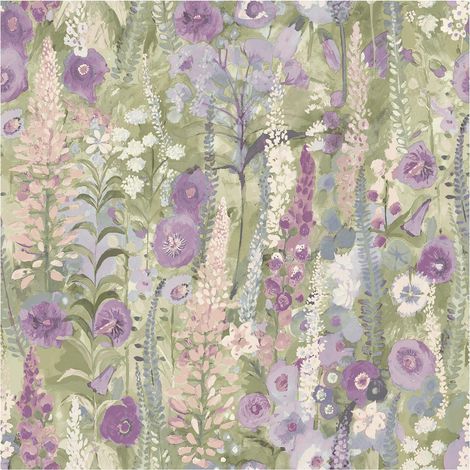 Lupin Lilac Green Pink Wallpaper Multicoloured Watercolour Florals 10m Roll (1/4)