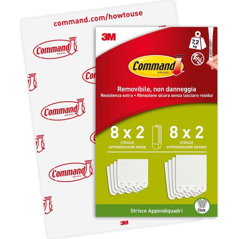 Command Strisce Appendi Quadri Adesive Medie e Grandi Bianche, Confezione da 8 Coppie di Strisce M e 8 L - ottimale per Appendere Quadri, Cornici e Specchi al Muro senza Chiodi (1/5)