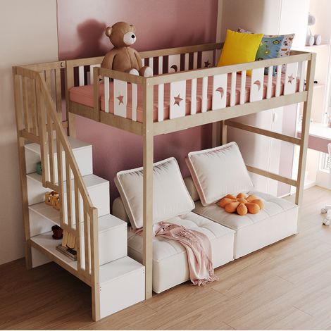 Lit mezzanine enfant 90/200 cm naturel et blanc en bois massif avec escalier de rangement (1/5)