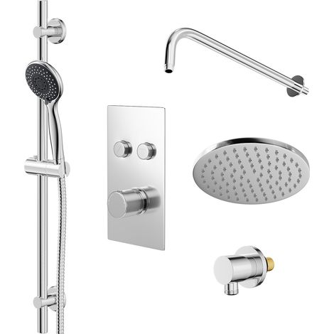 Circo Polished Chrome Concealed Push Button Twin Thermostatic Shower Valve and 200mm Round Fixed Head with Wall Arm and Clyde Slide Rail Kit with Round Elbow - 2 Outlet (1/5)