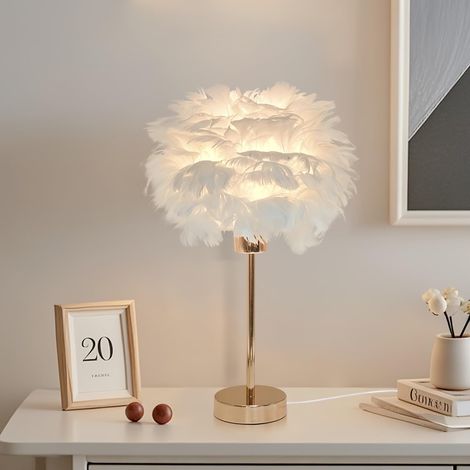 Nachttisch lampe Moderne Tischleuchte E27 Schlaflicht Kinder Nachtlicht Warmweiß Federlampe Künstliche Federn Flauschige Weiß Dekolampe für Schlafzimmer Wohnzimmer Room Decor, 30cm x 38cm