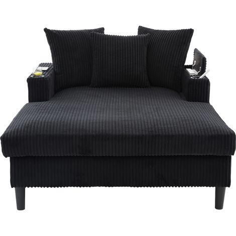 Méridienne angolare in corduroy nero con 2 portabicchieri LED USB e contenitore (1/5)