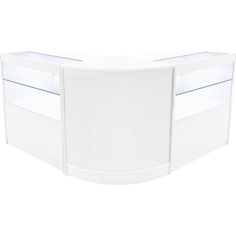 Set Mostradores Comerciales "SELENE"  Blanco 2x C900+1xCM60  MDF y vidrio templado  Estantes y puertas corredizas con cerradura  Fácil Montaje  Mostrador Recepción Expositor Comercial Mesa
