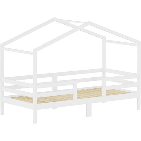 Lit cabane enfant 90x200 cm pin massif, fille ou garçon, structure maison avec toit, barrière 3 côtés, sommier lattes pin fourni, sans matelas, blanc DE603090WT (1/5)