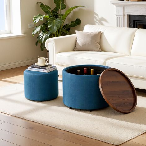 Lot de 2 Poufs Gigognes avec Coffre de Rangement, Table Basse Ronde en Bois Ø 58 cm, Repose-Pieds Rembourré en Tissu Lin - Bleu (1/5)
