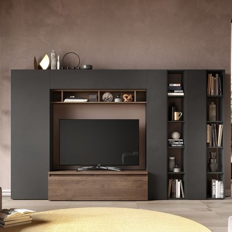 Moderne Wohnwand mit Bücherregal und TV-Möbel aus Holz Infinity 36 - Braun - Schwarz (1/2)