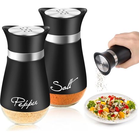 Ensemble de 2 salières et poivrières de table à fond verre, noires 120 ml, cuisine, barbecues, camping. (1/5)