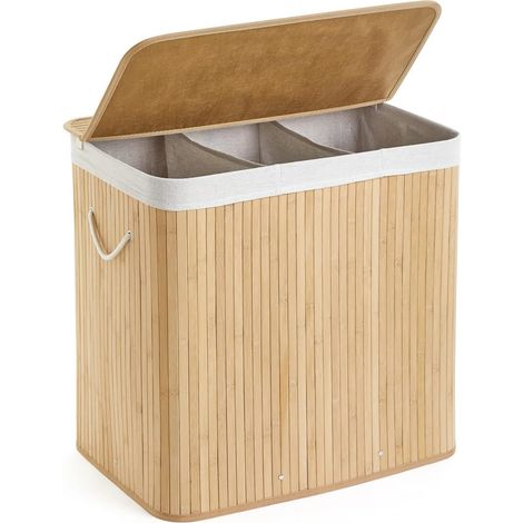 Panier à Linge 150L en Bambou Corbeille à Linge avec 3 Compartiments de Tri (1/5)