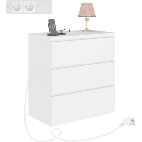 Commode blanche 3 tiroirs avec 2 ports USB et 2 prises AC 70x40x75cm (1/5)