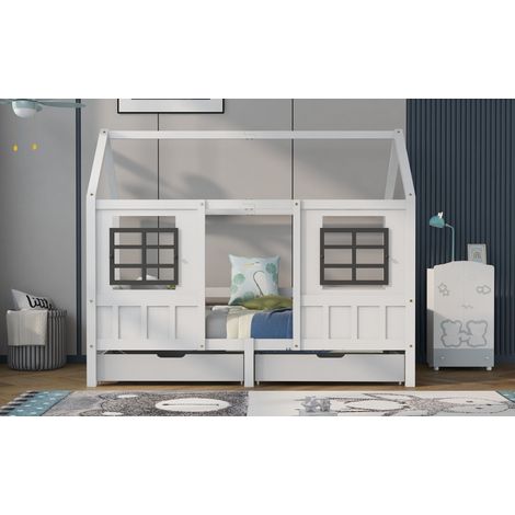 Lit simple enfant blanc 200x90cm, cadre pin et MDF, canapé-lit avec 2 tiroirs de rangement (1/4)