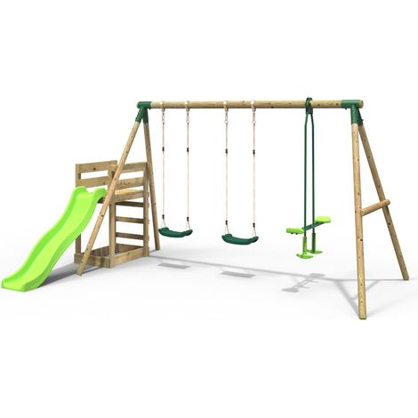 Wooden Triple Swing Set with Glider and Slide - Neptune Green