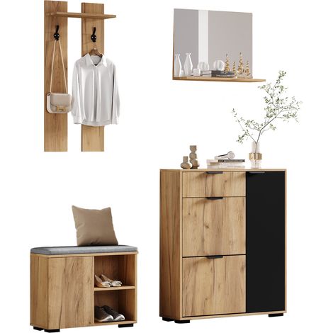 Set meuble d'entrée avec banc à chaussures, miroir, crochets et rangement pour chaussures, 140 cm, finition bois clair et noir  CHICFURN (1/5)