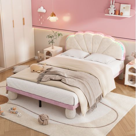 Lit 140x200 enfant LED velours beige et rose HAVRYA (1/5)