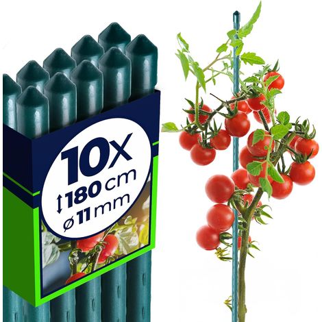 Lot de 10 - Tuteur pour plantes - Acier galvanisé - Support vertical résistant - Pour tomates et fleurs - Avec crochet - Vert - 180x1,1 cm (1/5)
