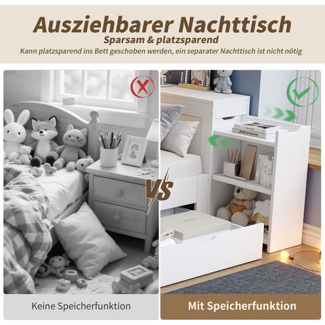 Lit enfant convertible daybed 90x200 cm, sommier à lattes avec tiroirs, étagères et rangement, table de chevet intégrée, sans matelas, blanc (1/5)