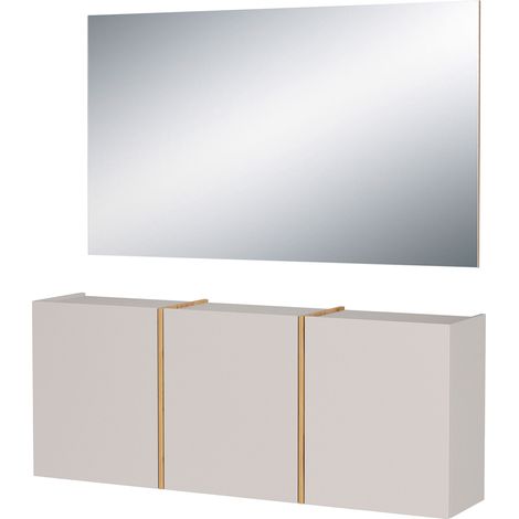 Meuble d'entrée 138x29x55cm + miroir rectangle taupe et naturel - LYKO (1/3)