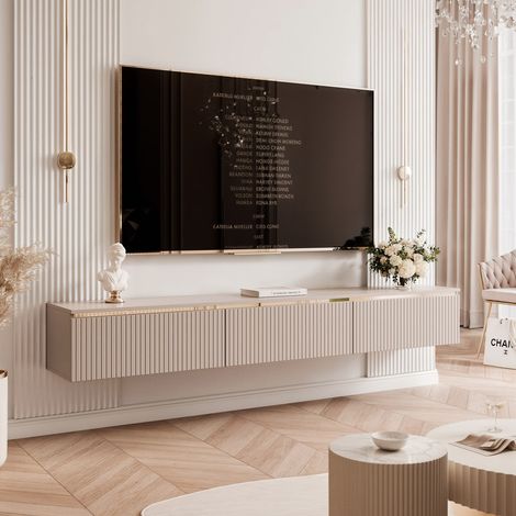 Meuble TV Mural avec LED SELIA - 3 portes sans poignées - 200x35x29 cm - façades rainurées - Cachemire (1/5)