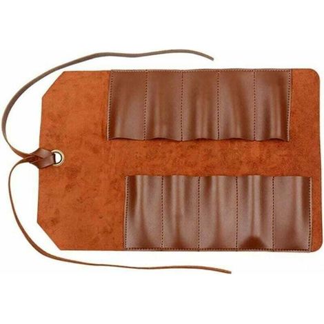 Bolsa de herramientas enrollable de cuero con 10 bolsillos, organizador multiusos para herramientas de carpintería, color marrón claro, bolsa para herramientas -Crezuo