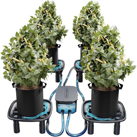 Système de vidange automatique avec pompe à eau pour culture en intérieur - Lot de 4 4 bacs de vidange et sac de plantation de 5 gallons, dessous de vidange pour plantes d'intérieur et tente de cultu (1/5)