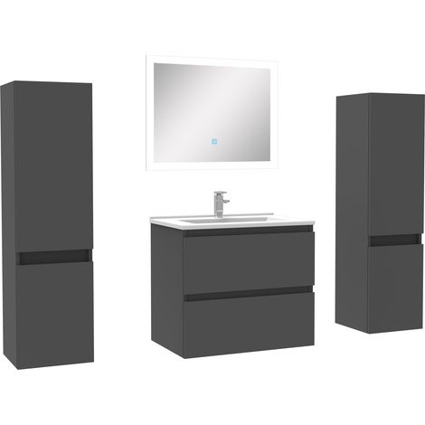 Ensemble meubles Salle de Bain 60cm vasque + colonnex2 + LED miroir Anthracite