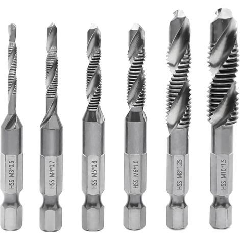 6 Pièces Foret Taraudeur M3 M4 M5 M6 M8 M10 Tige Hexagonale, Multifonction Kit Taraudage pour Perçage et Taraudage Simultané (1/5)