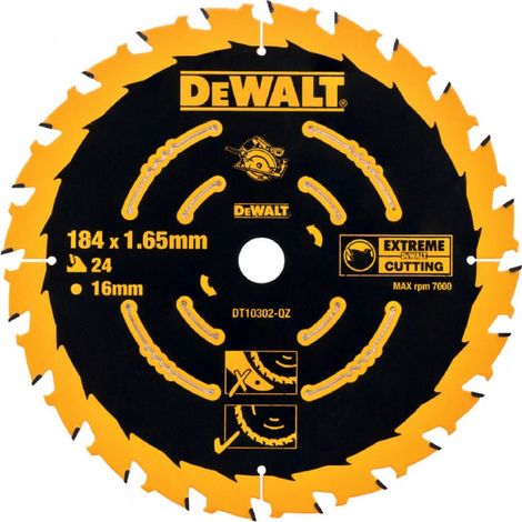 DEWALT DT10302-QZ - Hoja de sierra circular Elite, Diámetro de la hoja: 184/16 mm, Ancho de corte: 1,65 mm, 24 dientes, Ángulo de los dientes: 18°, Dientes de carburo ultra afilados, Nail Tough, Uso u