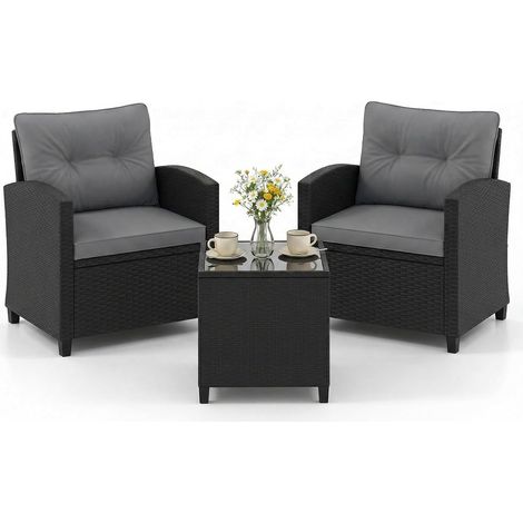 Ensemble de Meubles 3 Pièces de Patio en Rotin Charge 180KG, Salon de Jardin 2 Fauteuils Table Basse, pour Cour Piscine (Noir+Gris) (1/5)